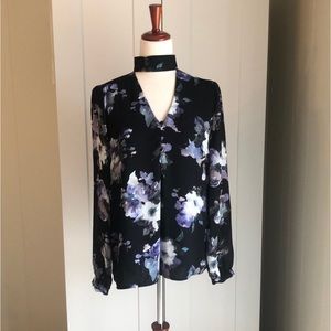 Black Floral Blouse semi sheer by Belle Veré at Anthropologie Sz S EUC